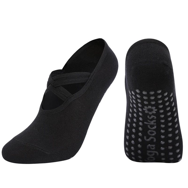 Women Anti-Slip Bandage Yoga Socks Breathable Cotton Ladies Fitness Pilates Indoor Socks Backless Ballet Dance Sports for Gym
